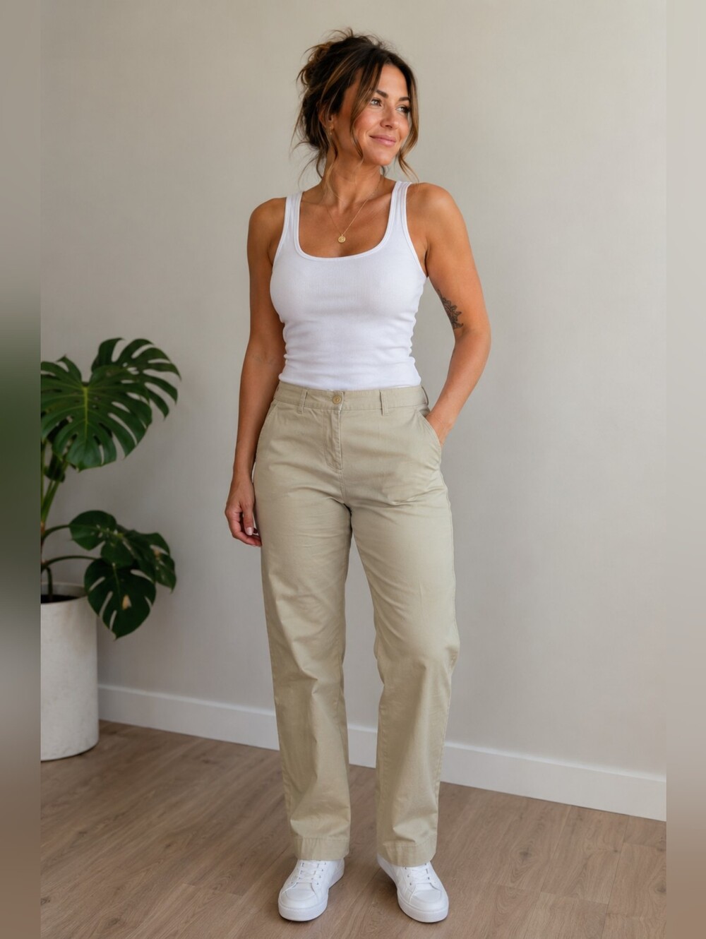 5/25$ Tan Cropped Ankle Pants with Smooth Cotton Twill